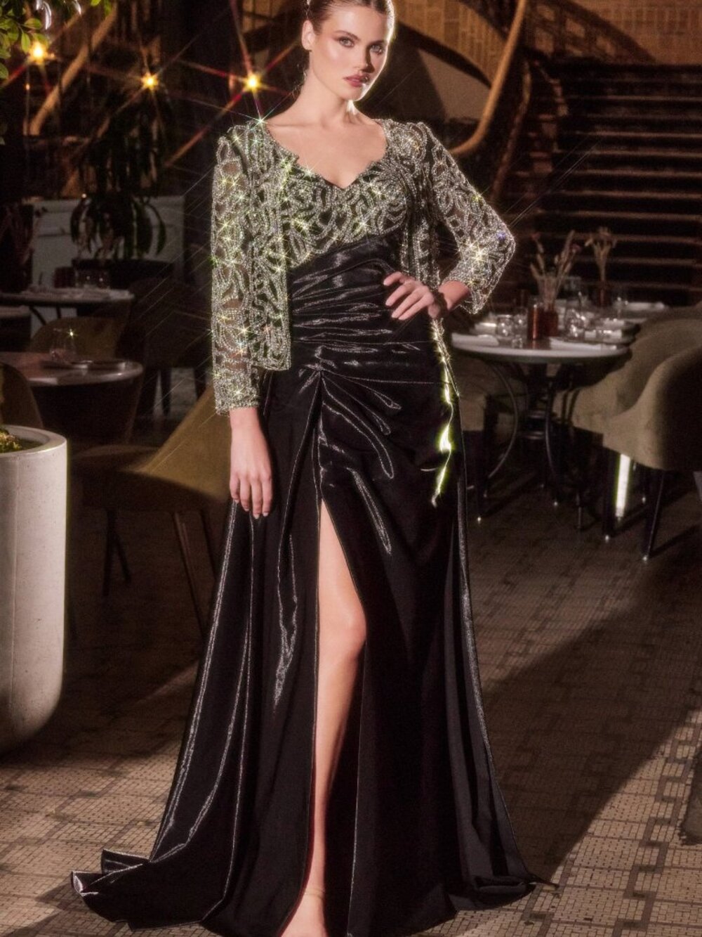 New Formal Sheath Liquid Taffeta Long Gown w/ Removable Jacket & V-Neck CD J882